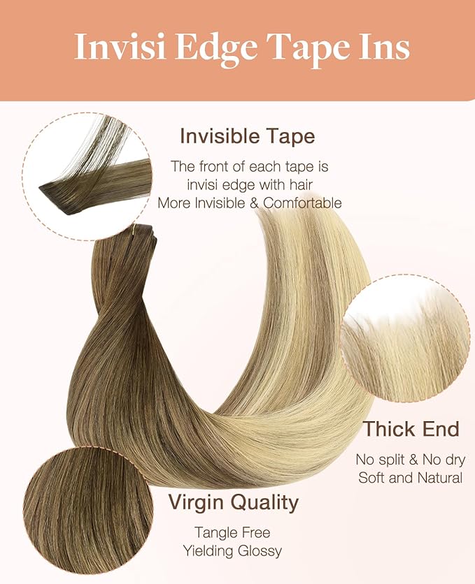 GOO GOO Invisi Edge Tape in Hair Extensions Human Hair, 3/8/613 Walnut Brown to Ash Brown and Bleach Blonde 20pcs injected with 20pcs classical tape ins, 22inch 100g, Virgin Remy Hair, Natural Look