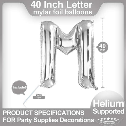 40 Inch Silver Letter M Balloons, DIY Phrase Foil Alphabet Letter M Balloons - Image 2