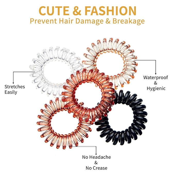 16Pcs Spiral Hair Ties, (Clear Brown&Red) Hair Elastic Coils for Women and Girls, Waterproof Phone Cord Hair Scrunchies Accessories Bands for Ponytails and Updos