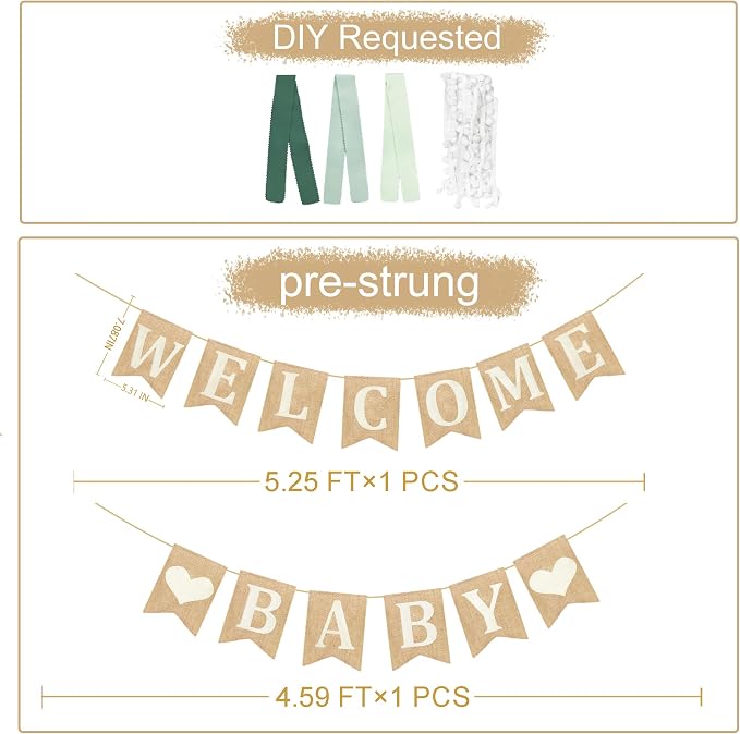Welcome Baby Heart Burlap Pennant Banner Flag Felt Welcome Baby Sign and Heart - Image 2
