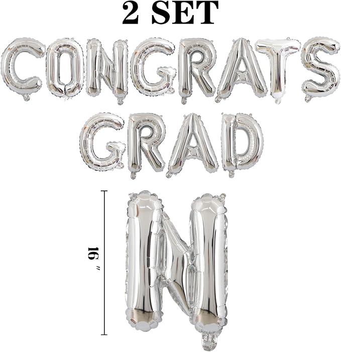 2 Set 24Pcs Silver Congrats Grad Letter Balloons 16in Balloon Foil Letter - Image 2