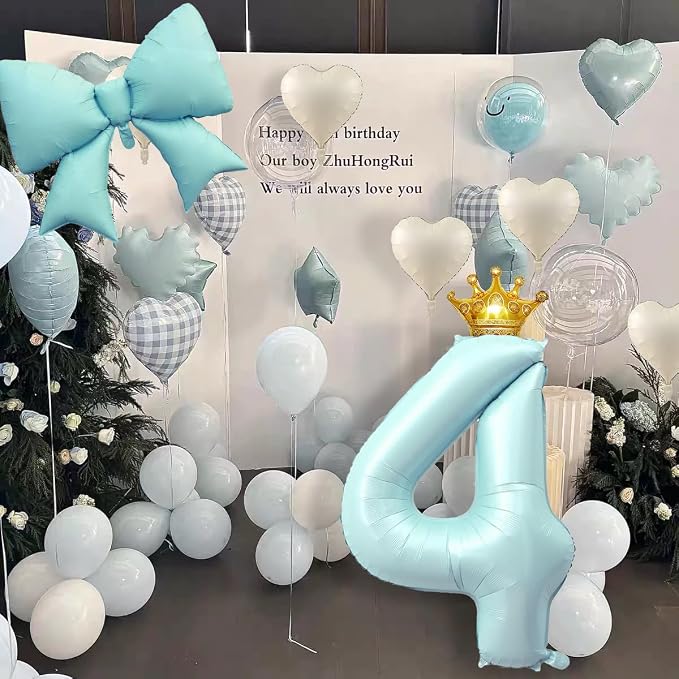 LilyZheng Pastel Blue Number 4 Foil Balloon & Bow Set, 4th Birthday Decorations - Image 9