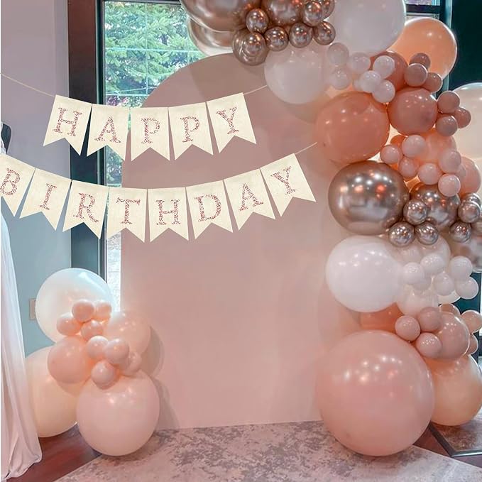 Rose Gold Happy Birthday Banner Pre-strung Burlap Bunting Party Backdrop Sign - Image 5