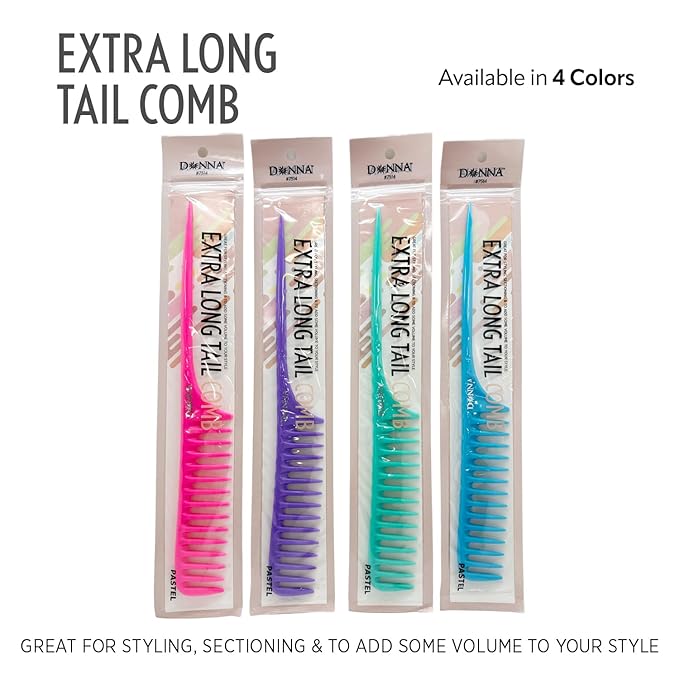 DONNA Extra Long Tail Comb – Wide Tooth Styling Comb with Long Handle for Parting, Sectioning & Braiding – Anti-Static Pastel Hair Comb for Natural & Curly Hair (BLUE)