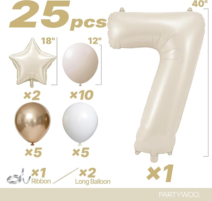 PartyWoo Beige Number 7 Balloon 40 Inch 25pcs White Sand Foil Star Gold | Foil - Image 2