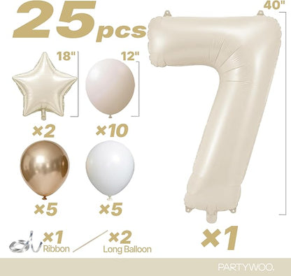 PartyWoo Beige Number 7 Balloon 40 Inch 25pcs White Sand Foil Star Gold | Foil - Image 2