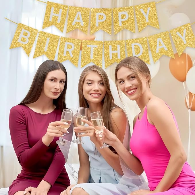 Gold Happy Birthday Banner - 16 ft Pre-Strung Gold Birthday Party Decorations - Image 2
