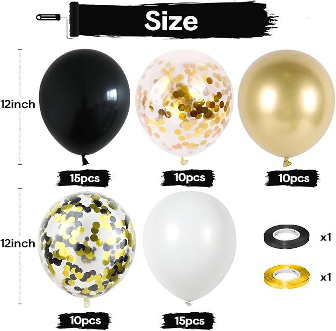 Black Gold Balloons, 60 Packs 12 Inch Black White and Gold Latex Balloons - Image 2