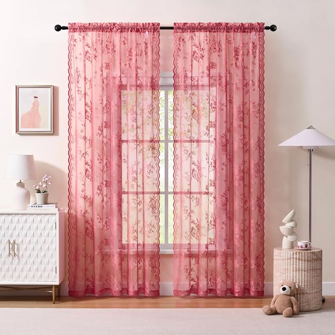 SEEKRIGHT Coral Lace Curtains 63 Inch Length 2 Panels Set Country Floral Sheer - Image 2