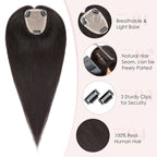 Hairro Human Hair Toppers Free Parted, 3.5x4.7" Base Hand-wovened 100% Real Hairpieces, with Invisible Clips-in for Women, for High Hairline/Adding Volume on Top, 14 Inch Light Natural Black