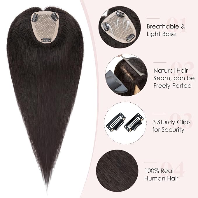 Hairro Human Hair Toppers Free Parted, 3.5x4.7" Base Hand-wovened 100% Real Hairpieces, with Invisible Clips-in for Women, for High Hairline/Adding Volume on Top, 14 Inch Light Natural Black