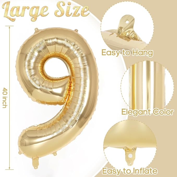 Champagne Gold Large Number 9 Balloon, 40 Inch Light Gold Foil Helium Number - Image 3