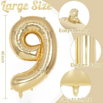 Champagne Gold Large Number 9 Balloon, 40 Inch Light Gold Foil Helium Number - Image 3
