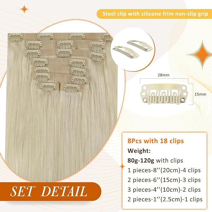 Full Shine Platinum Blonde Clip in Hair Extensions Real Human Hair for Long Natural Clip in Remy Extensions With Pu Tape Hair Extensions Blonde Human Hair 8Pcs 120G 22 Inch