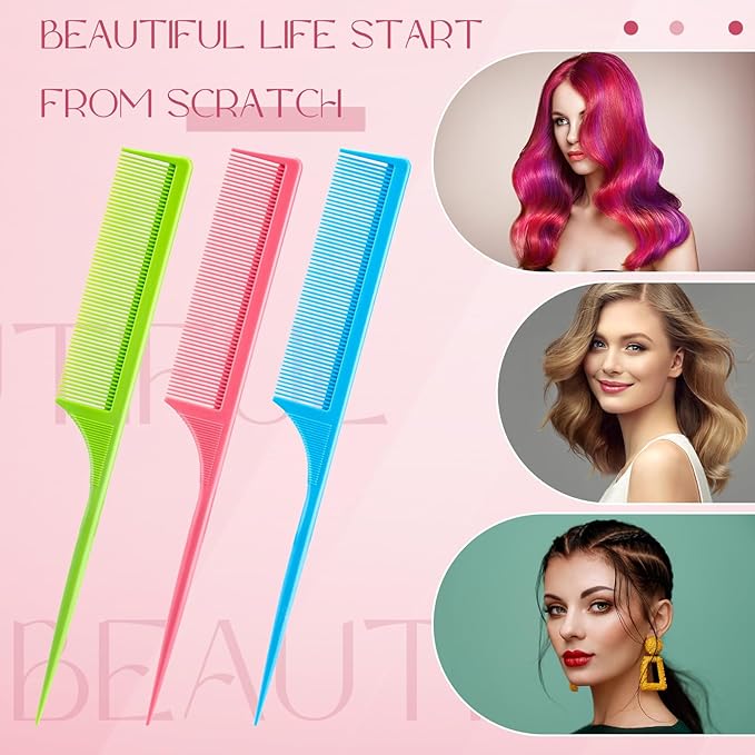 Leinuosen 3 Pack Rat Tail Combs Fine Tooth Parting Tip for Women Carbon Fiber Heat Resistant Anti Static Teasing for Back Combing Root Teasing Adding Volume Evening Styling(Green, Pink, Blue)