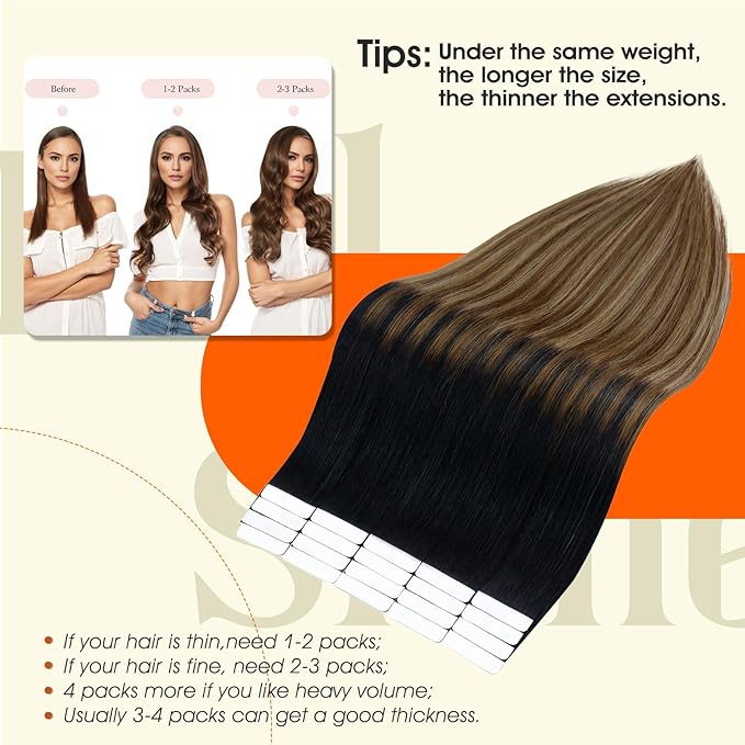 Full Shine Tape in Hair Extensions Human Hair Color Balayage 1B Black Ombre 6 Brown And 27 Blonde Tape ins Human Hair Extensions 18Inch Seamless Skin Weft 50Gram Invisible Human Hair 20Pcs for Women