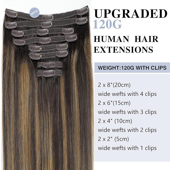 Straight Clip In Hair Extensions Real Human Hair 8Pcs Clip In Balayage Dark Brown to Chestnut Brown Human Hair Extensions with 18Clips Lace Weft 120g 16inch