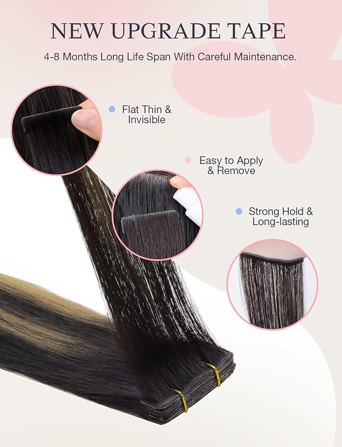 DOORES Invisi Edge Human Hair Extensions Tape in, Natural Black to Light Blonde 10pcs Injection Tapeins, 25g 18 Inch, Injected Tape in Extensions Virgin Human Hair