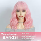 NOBLE Pink Wig Bob Wig with Bangs Short Loose Wavy Wigs for Women Shoulder Length Heat Resistant Synthetic Hair Bob Wavy Colored Wigs for Halloween Cosplay 12 Inches