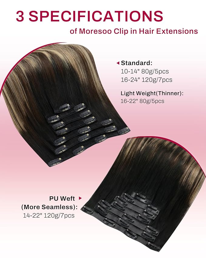 Moresoo Seamless Clip in Hair Extensions Ombre Black to Blonde Hair Extensions Clip ins Real Hair Natural Black to Brown with Honey Blonde Long And Straight 120g/7pcs 20 inch