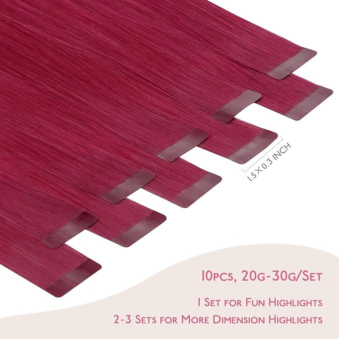 WENNALIFE Tape in Hair Extensions Human Hair Burgundy Red Tape in Extensions, 10pcs 25g 16 inch Remy Invisible Tape Ins Straight Colored Soft Real Human Hair Tape in Extensions Refill Set Extensions