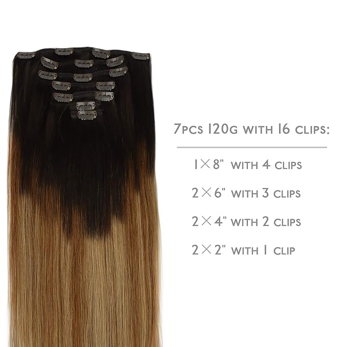 WENNALIFE Clip in Hair Extensions Real Human Hair, 22 Inch 120g 7pcs Dark Brown to Chestnut Brown and Dirty Blonde Highlighted Clip In Human Hair Remy Clip in Hair Extensions Double Weft