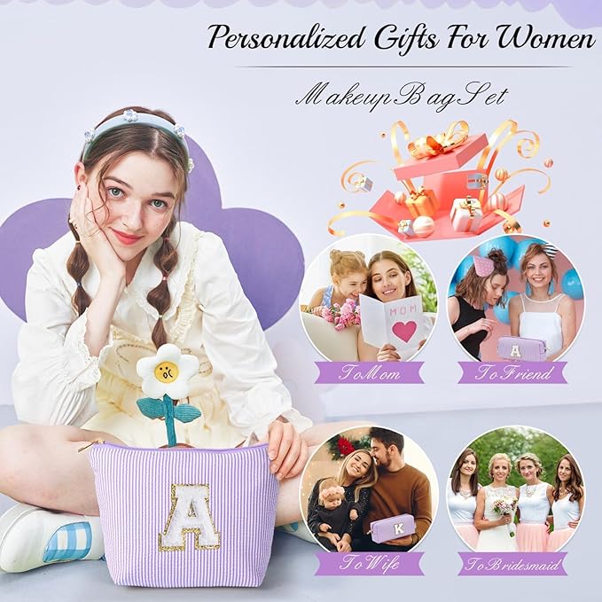 YOOLIFE Mothers Day Gifts Preppy Stuff Tween Girls Gifts Graduation Teacher Gifts Monogram Makeup Pouch Makeup Organizer Bag Beauty Bag Personalized Birthday Gifts for Women Her Preppy Makeup Bag S