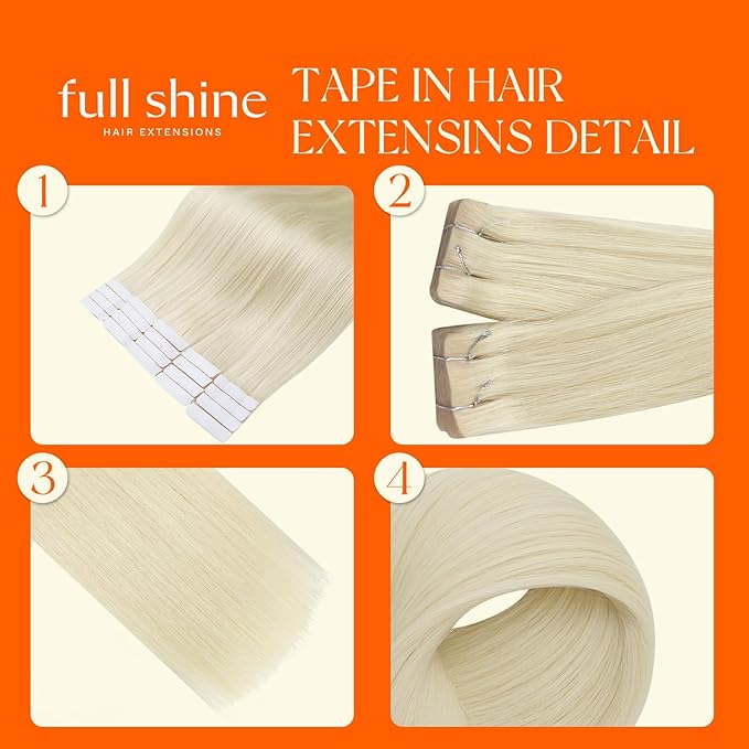 Full Shine Machine Remy Tape in Extensions Real Human Hair 20 Inch Color 60 Blonde Straight Invisible Double Sided Injected Tape in Hair Extensions 20 Pcs Nutural Soft Skin Weft 50G for Party