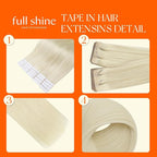 Full Shine Tape in Hair Extensions Color 60 Blonde Machine Remy Injected Tape in Extensions Double Sided Insert Seamless Invisible Human Hair for Women 16 Inch 20 Pcs 40 Grams Add Volume
