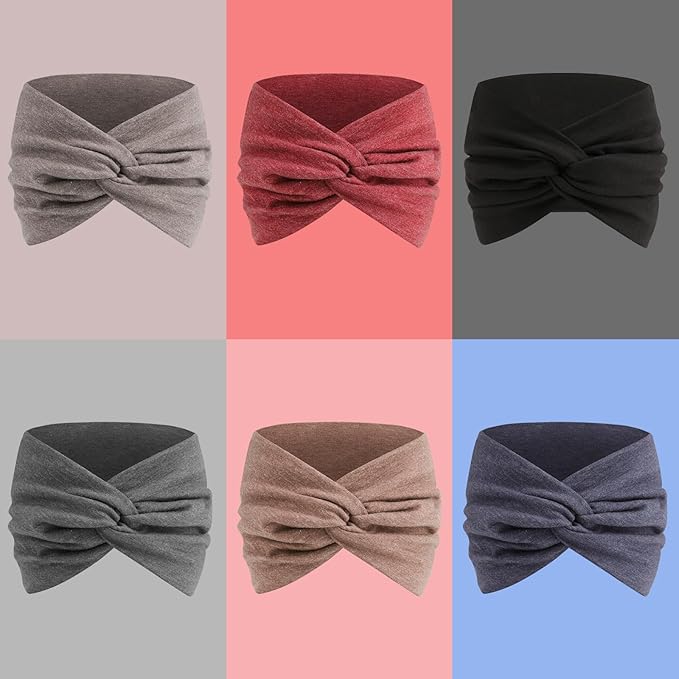 Extra Wide Headbands for Women, 7'' Large Cotton Like Turban Knotted Bandana Head Bands for Women Non Slip, Boho Headbands for Women's Hair (6Pcs Dark Colors, Extra Large 7" Wide)