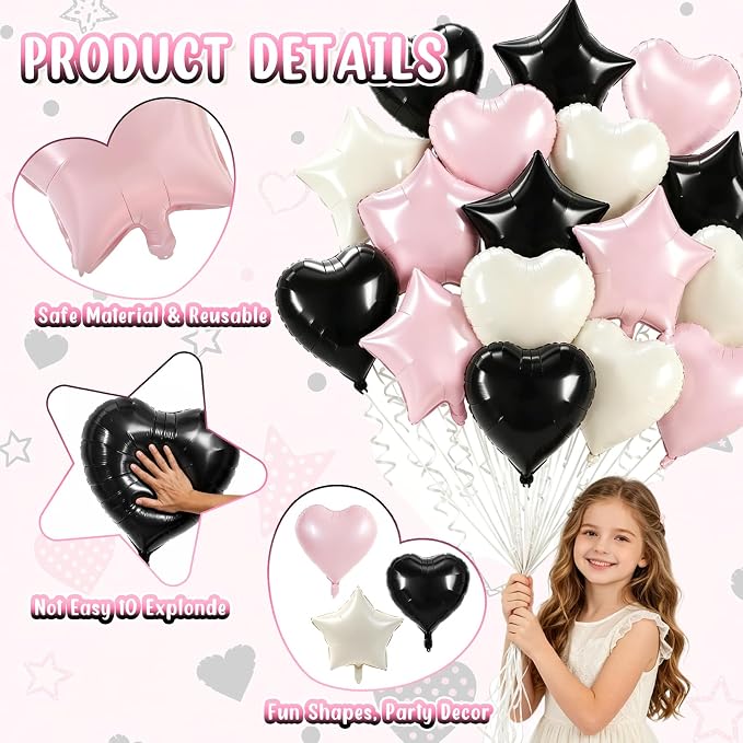TONIFUL 18 Inch Pink and Black Star and Heart Foil Balloons - Image 4