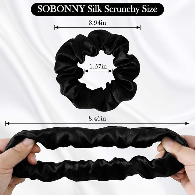 Black Silk Scrunchies for Women 100% Mulberry Silk Hair Ties for Night Sleep Scrunchies for Girls No Damage & Frizz Prevention for Hair Hair Accessories-3pack