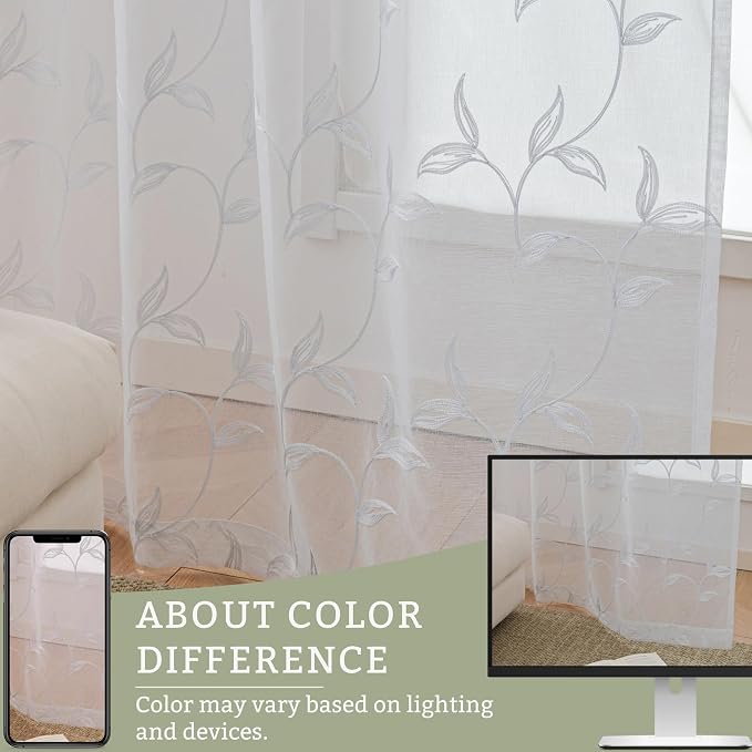 Sheer Kitchen Cafe Curtains Embroidered Leaf Pattern White 54x16 | Light - Image 6