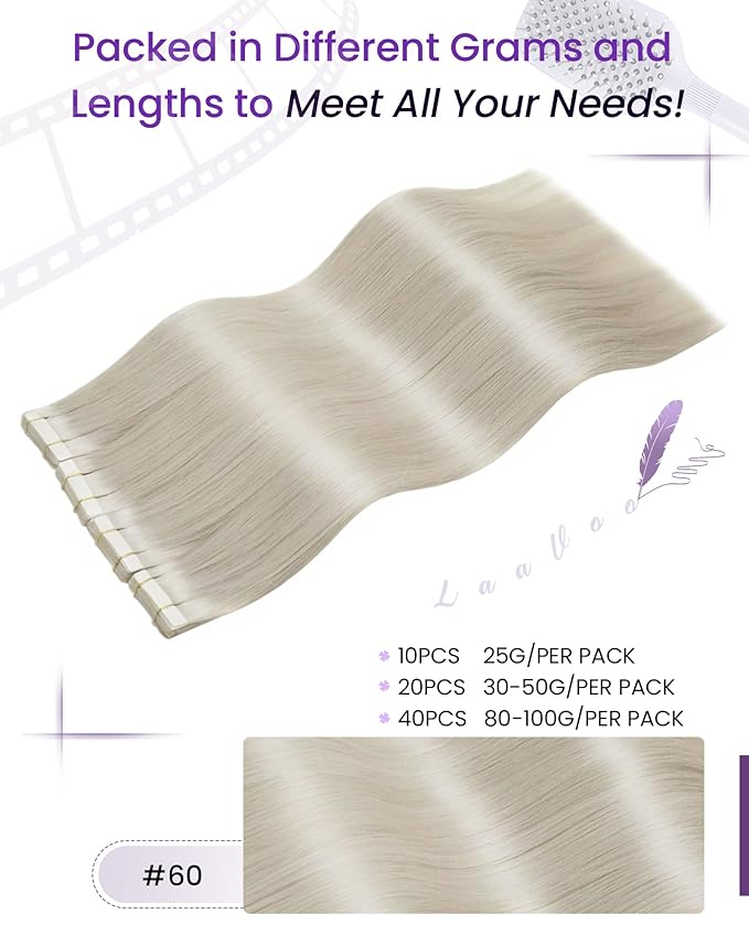 LaaVoo Tape in Hair Extensions Human Hair Tape in Extension Platinum Blonde 18 Inch Tape ins Hair Extension White Blonde Seamless Hair 20pcs/50gram