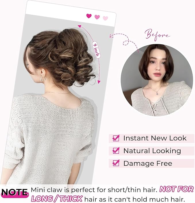 REECHO Ponytail Extension, 9" Claw Clip in Short Curly Wavy Pony Hair Extension Jaw Clip on Pony Tail HP001 Hairpiece for Women - Chestnut Brown with Golden Highlights