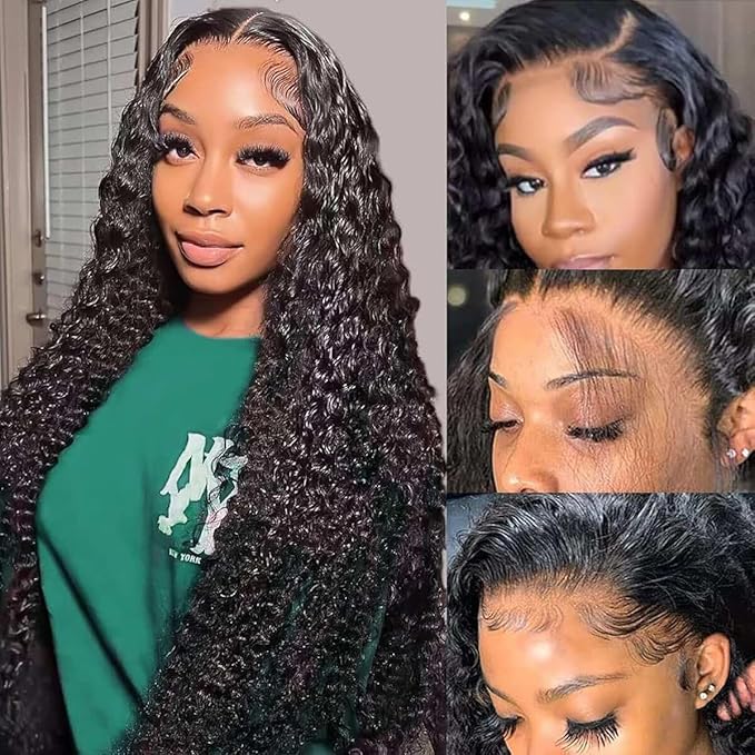36 Inch Deep Wave Lace Front Wigs Human Hair Pre Plucked 200% Density 13x6 HD Lace Frontal Wigs with Baby Hair Deep Curly Wet and Wavy Glueless Wigs for Women (Natural Black, 36 Inch)