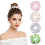 Flower Scrunchies for Women – Fabric Floral Hair Ties No Damage, Scrunchy for Ponytail or Bun, Stylish Hair Accessories – 4 Pcs