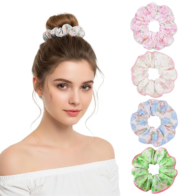 Flower Scrunchies for Women – Fabric Floral Hair Ties No Damage, Scrunchy for Ponytail or Bun, Stylish Hair Accessories – 4 Pcs
