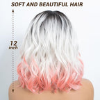 NOBLE Colourful Short Bob Wigs with Bangs for Women 3 Tone Ombre Greyish white root to Pink Color Short Wavy Bob Hair Wig Shoulder Length Synthetic Heat Resistant Bob Wigs