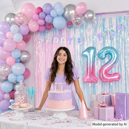 40 Inch Blue Pink Number 12 Balloon, Ombre Foil Tween Birthday Party Decor | - Image 3