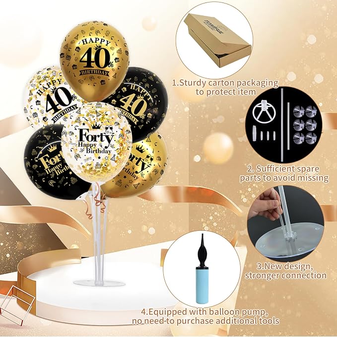 TONIFUL 4 Set Black Gold 40 Printed Balloon Stands - Image 3