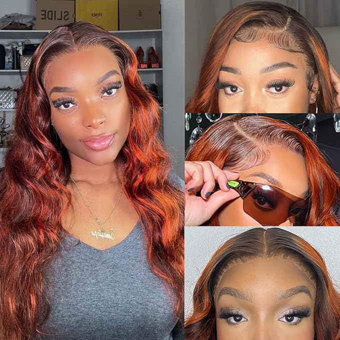 Ginger Highlight Body Wave Lace Front Wigs Human Hair 13x4 Ombre Brown HD Transparent Lace Front Wig Human Hair for Women P4/350 Highlight Ombre 180% Density Glueless Wig 26Inch