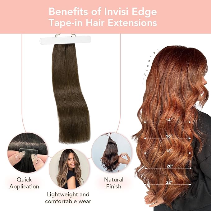 Sindra Invisi Edge Tape in Human Hair Extensions, Medium Brown Invisible Seamless Hair Tape in Extensions Balayage 16 Inch 20pcs 45g/pack