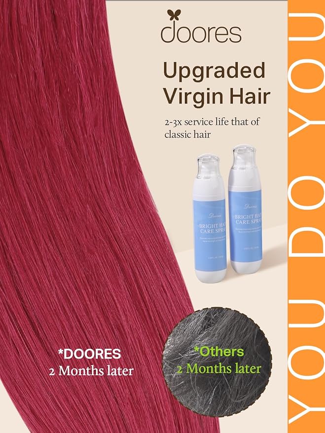 DOORES Remy Hair Extensions, Burgundy Red, 14 Inch Straight, 25g 10pcs Tape In