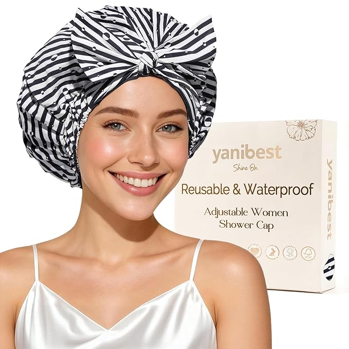 Yanibest Shower Cap for Women Reusable Waterproof, Adjustable Non-Slip Shower Hair Cap, Washable Bath Hat for Long Hair