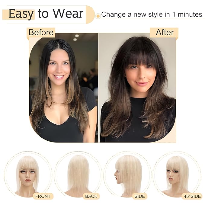 SEGO Hair Toppers for Women Real Human Hair With Bangs, 7 * 13CM Silk Base 100% Remy Human Hair Clip in Top Wiglet Hairpieces Add Volume //6 Inch Ash Blonde&Bleach Blonde