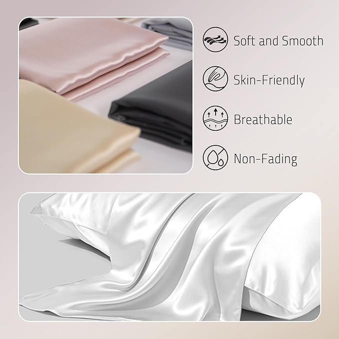 Mulberry Silk Pillow Case for Hair and Skin Prevent Acne Pillowcases Both Sides Real Silk Pillow Cases Organic Silk Pillowcase with Hidden Zipper, White, Queen (20"×30")