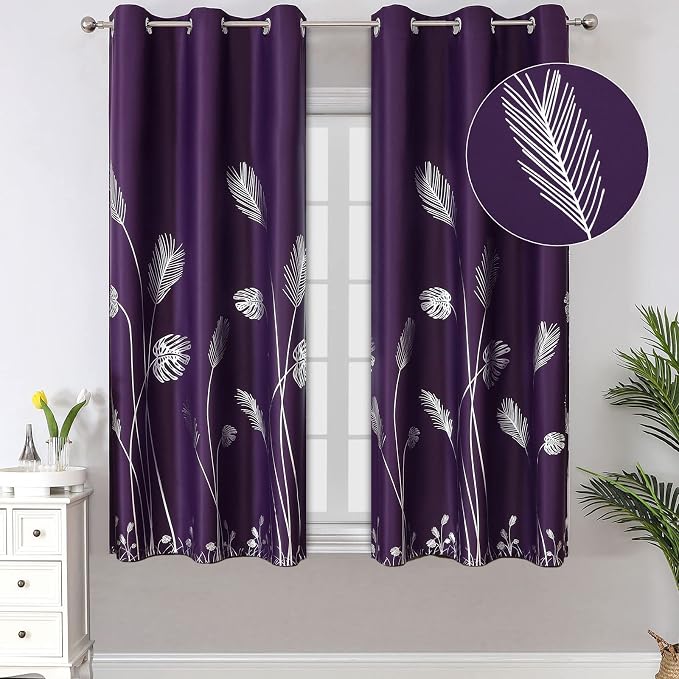Purple Blackout Curtains for Bedroom, Room Darkening Silver Palm Tree Pattern by ESTELARTEXTILER