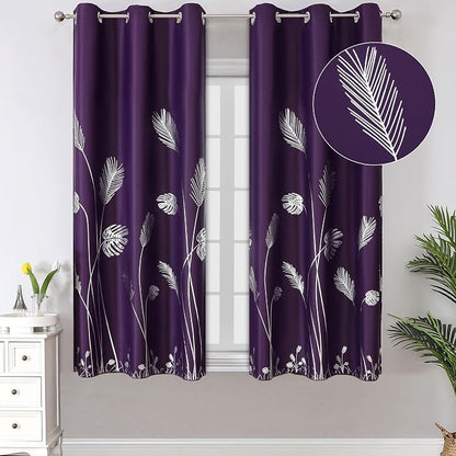 Purple Blackout Curtains for Bedroom, Room Darkening Silver Palm Tree Pattern by ESTELARTEXTILER