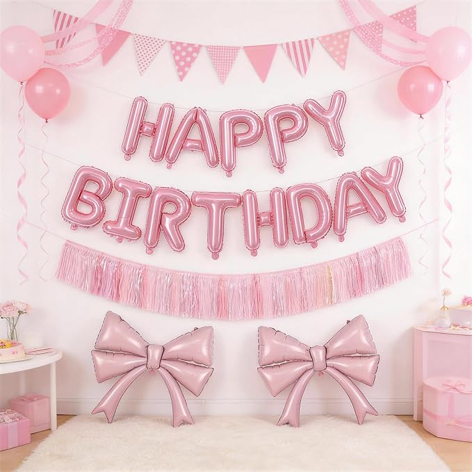 Pink Bow Happy Birthday Balloons Banner, 22 Inch Baby Pink Bow Foil Balloons - Image 6